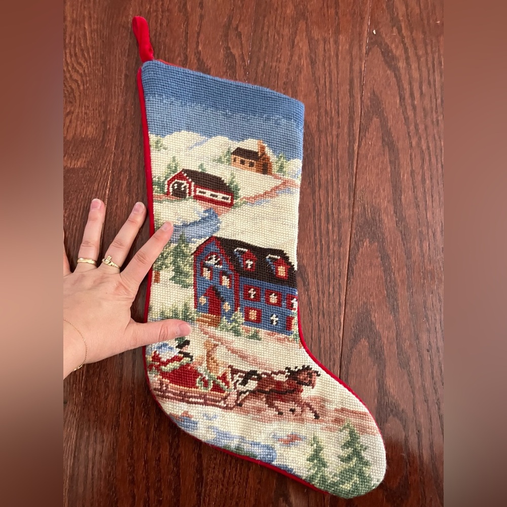 Vintage 1990s Needlepoint Christmas stocking open sleigh